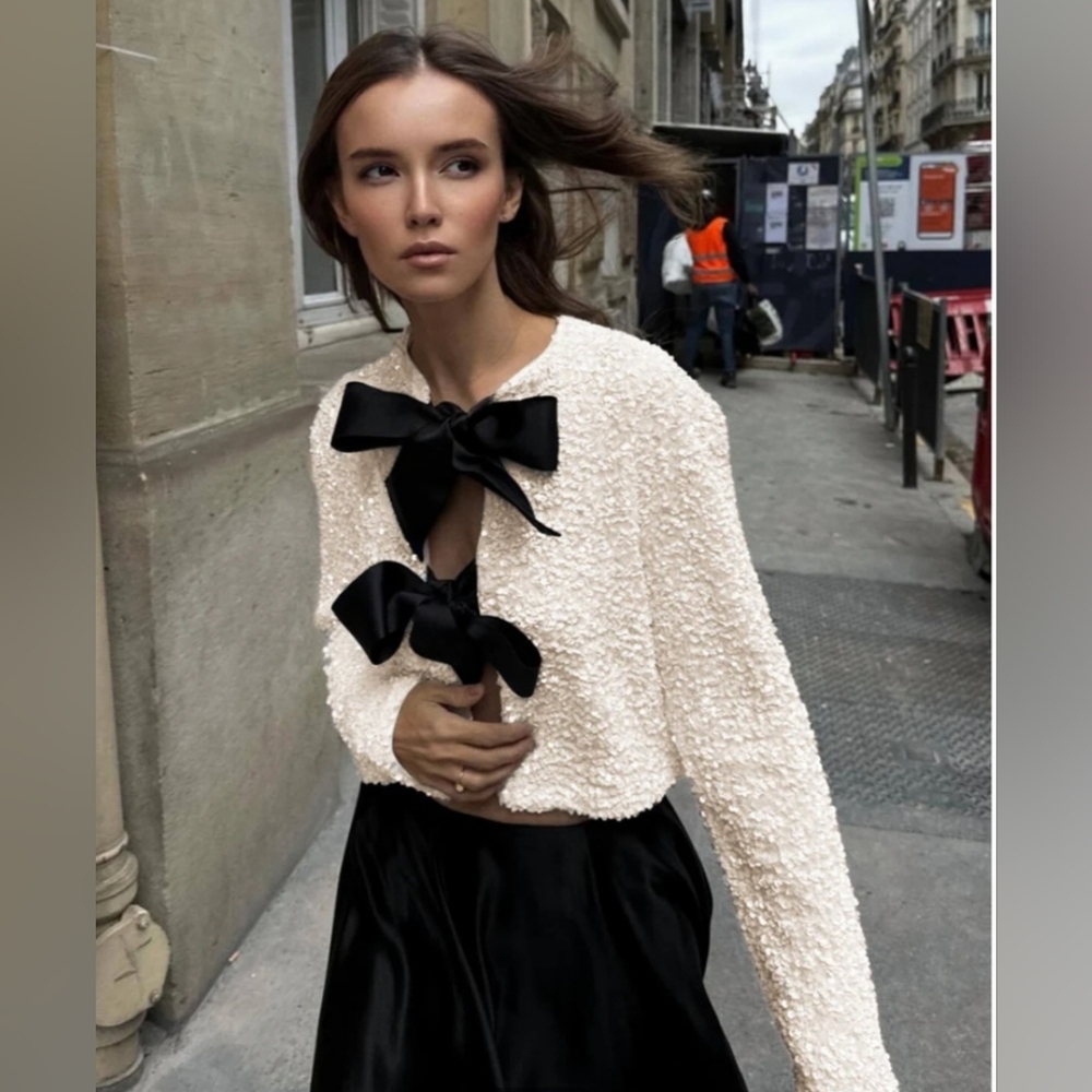Sequin Cream Jacket with Black Bows